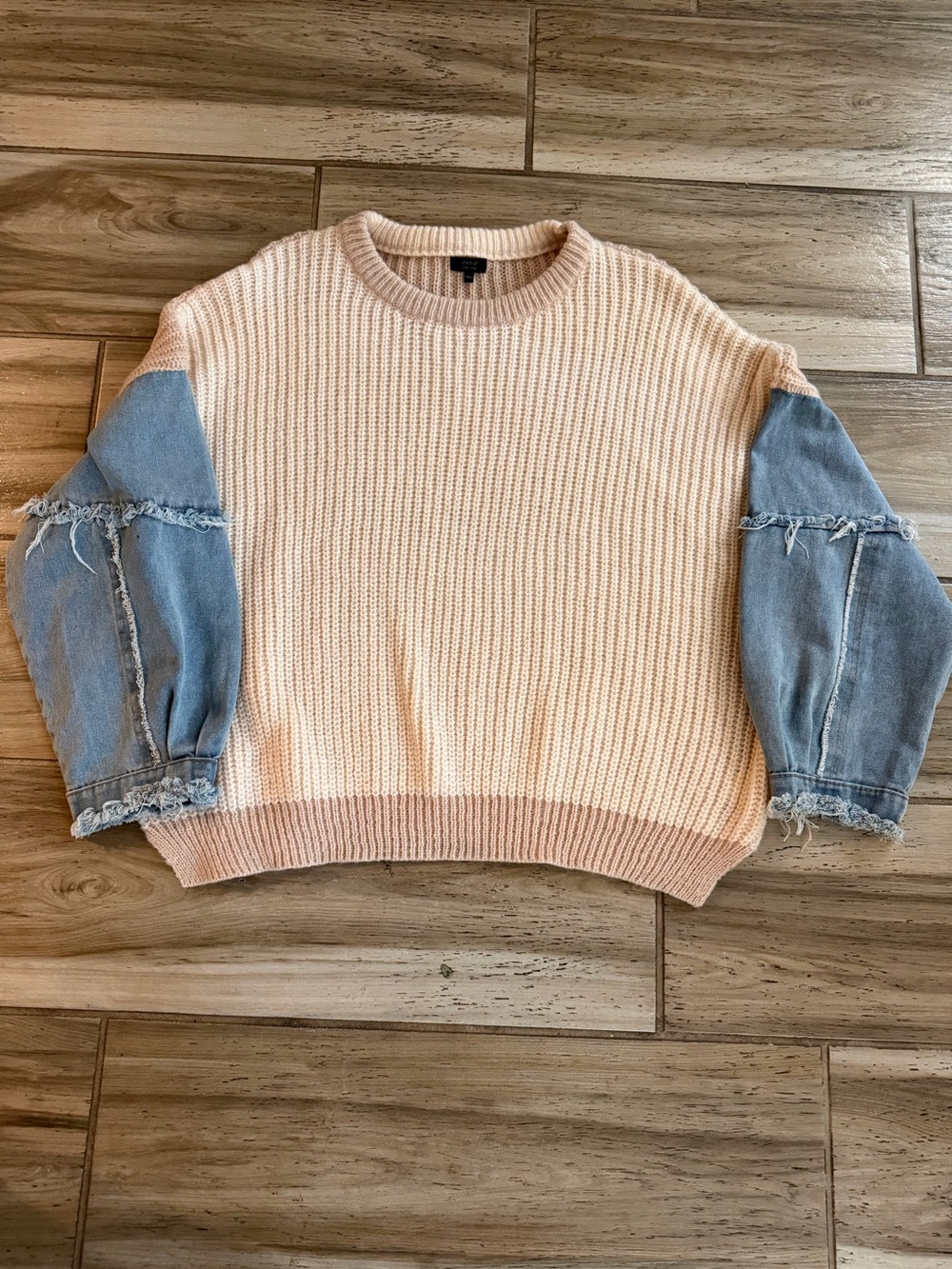 Debut Peach Knit Crewneck Sweater with Light Blue Denim Puff Sleeves